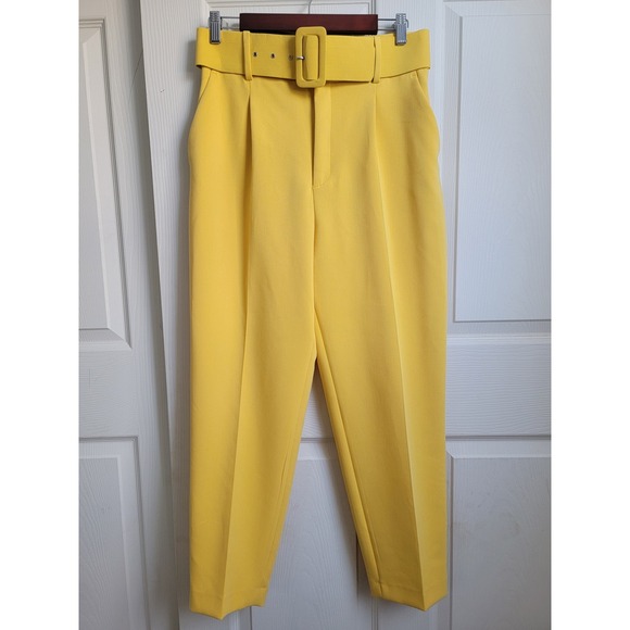 ZARA Yellow High Waisted Belted Trousers Pleated Tailored Cropped Pants Medium - Picture 3 of 13